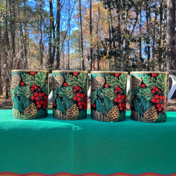 VTG Set of 4 Fitz & Floyd Bone China Holiday Pine Mugs - Picture 1 of 7